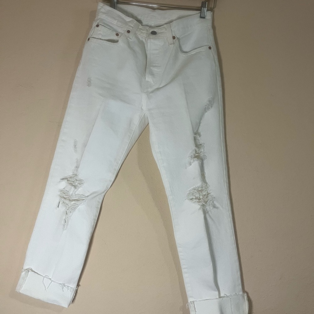 LEVIS 501 White high rise Distressed Button Fly Straight Ankle Jeans Size 27×30